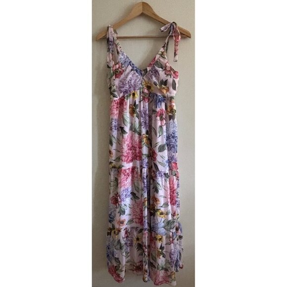 Express Dresses & Skirts - Express Pink Floral Spring Chiffon Tie Strap Tiered Maxi Dress Small Romantic